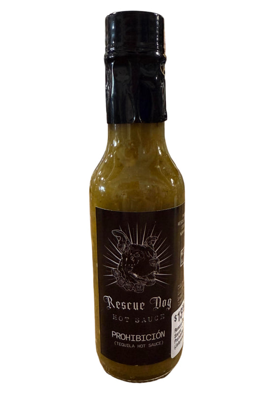 Bottle of Prohibition Jalapeño Hot Sauce by Rescue Dog Hot Sauce, made in Oklahoma