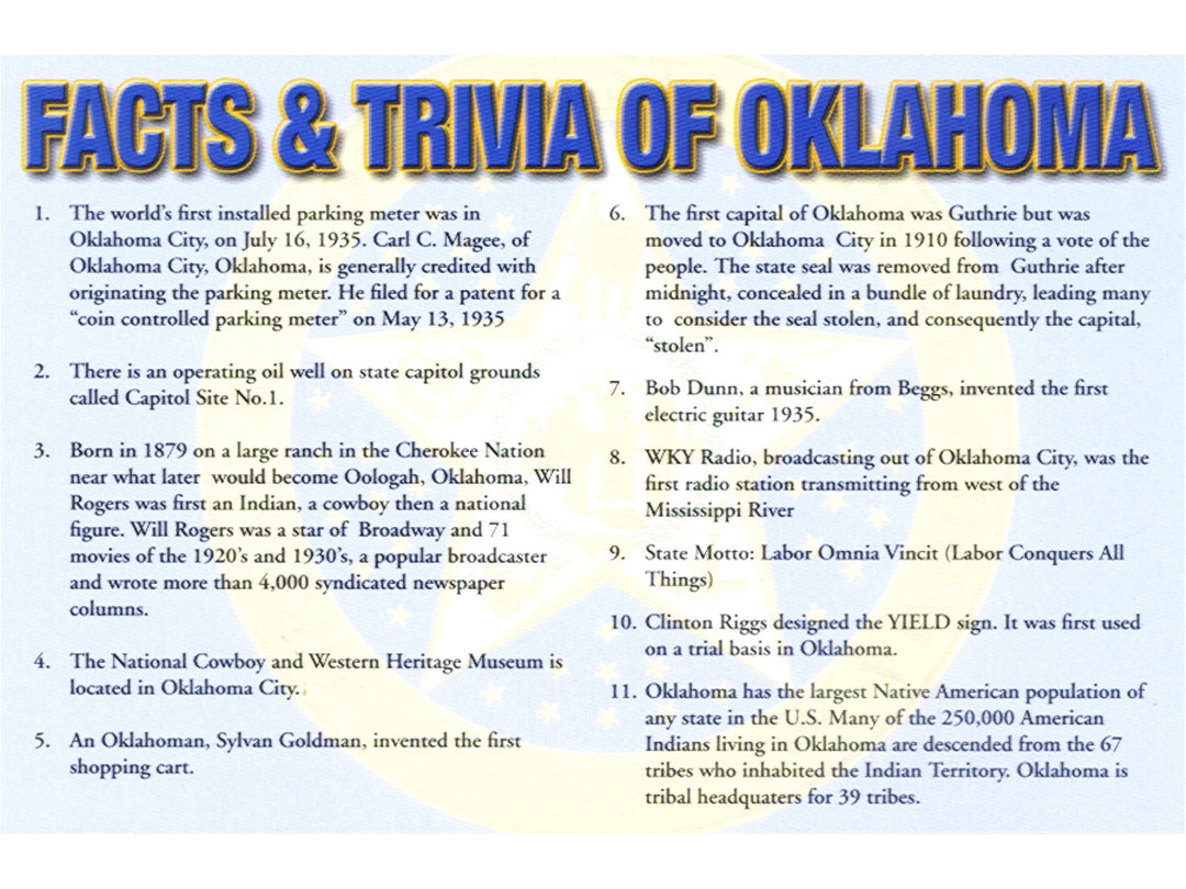 Oklahoma Facts and Trivia Postcard