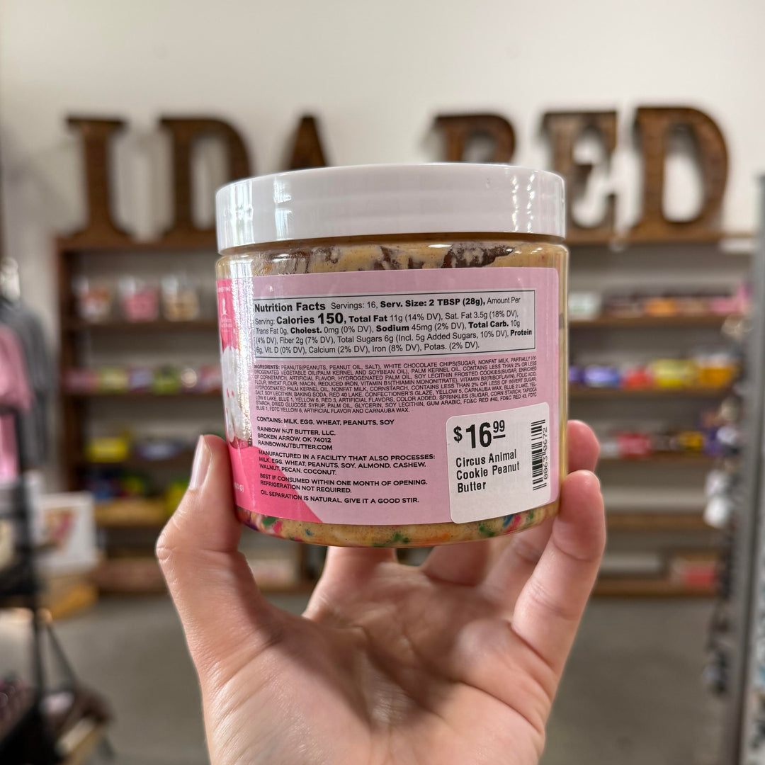 Oklahoma-made peanut butter with circus animal cookie pieces from Rainbow Nut Butter