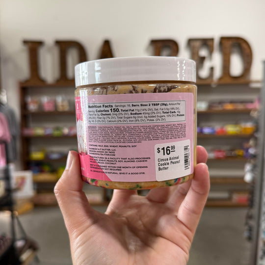 Oklahoma-made peanut butter with circus animal cookie pieces from Rainbow Nut Butter