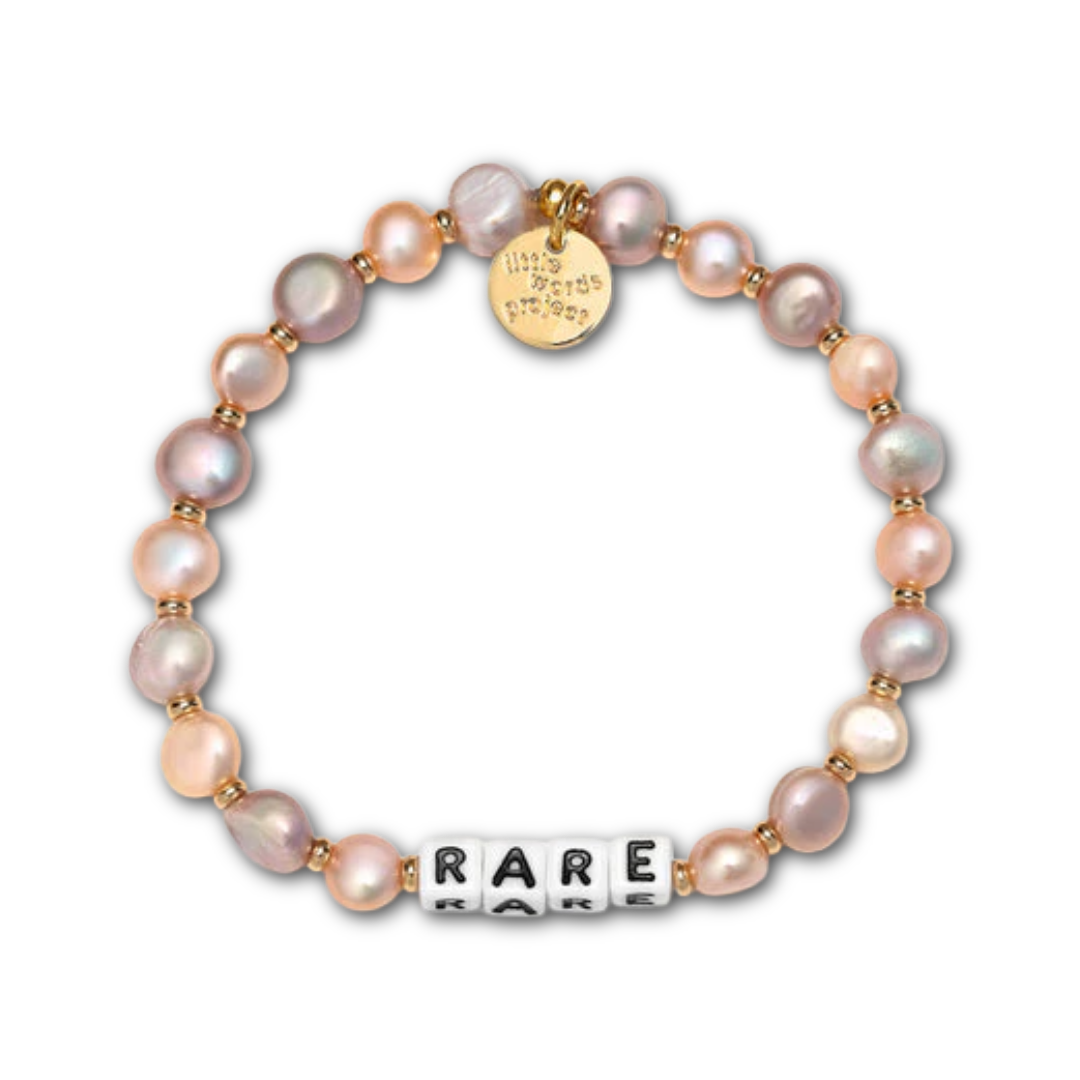 Bracelet with pink pearl beads and letter beads spelling out "RARE".