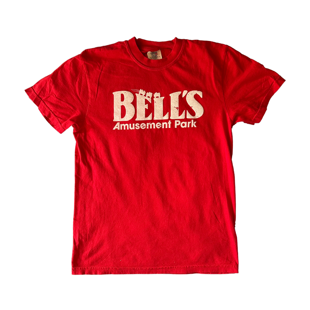 Red t-shirt featuring the classic Bell’s Amusement Park logo, Tulsa nostalgia apparel