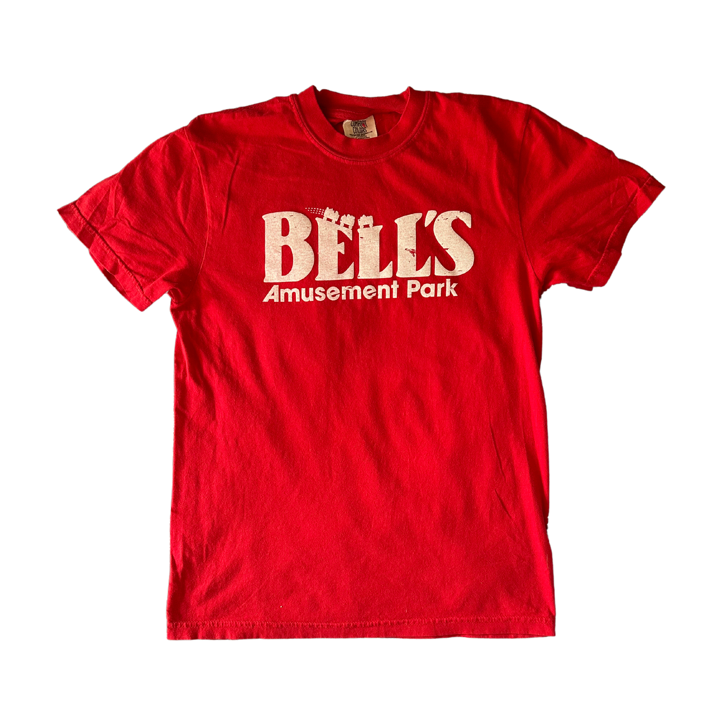 Red t-shirt featuring the classic Bell’s Amusement Park logo, Tulsa nostalgia apparel