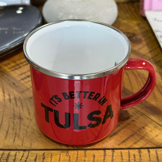 Red metal mug with 'It's Better in Tulsa' text – perfect Oklahoma souvenir