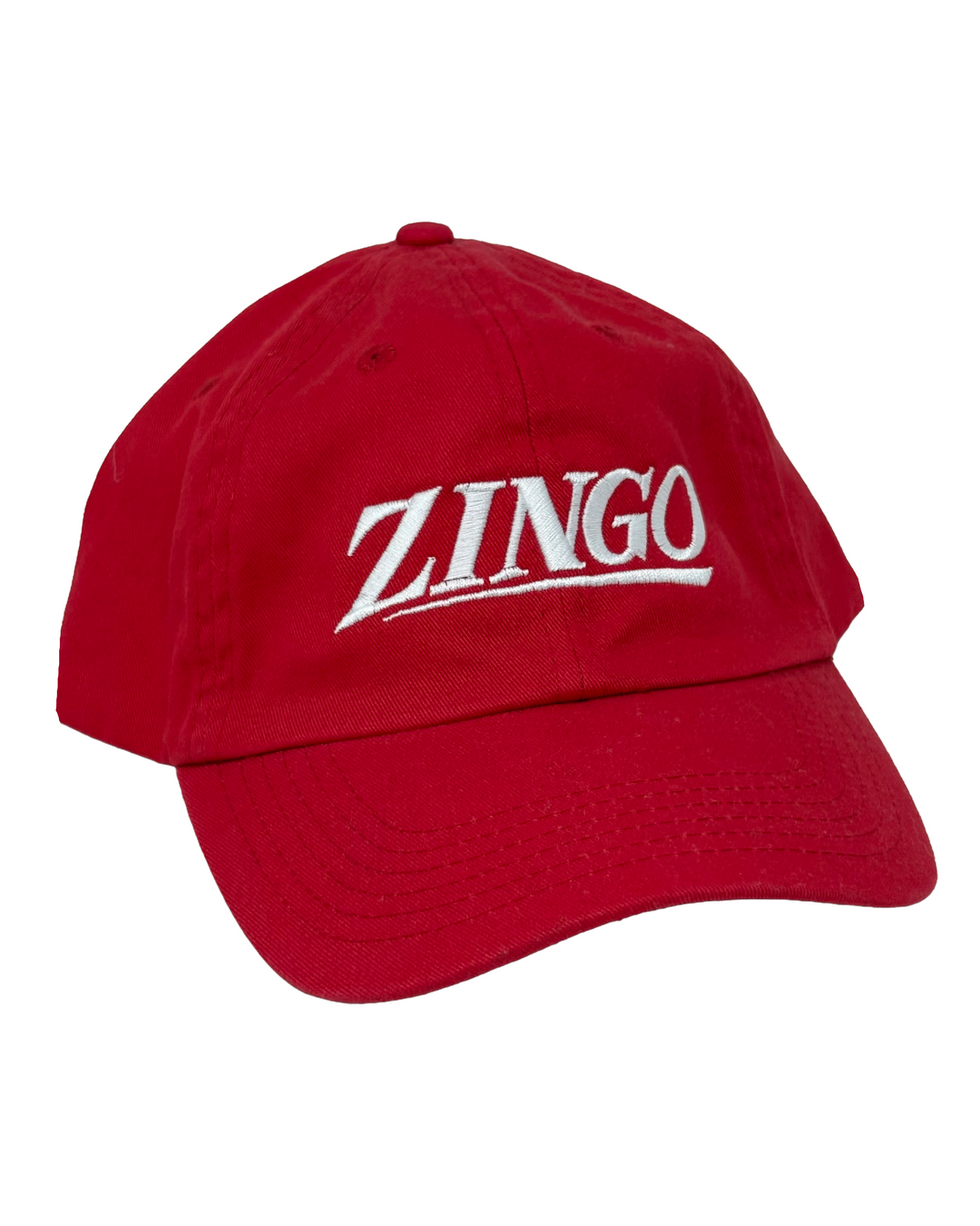 Red dad hat featuring Zingo, the classic roller coaster from Bell’s Amusement Park in Tulsa