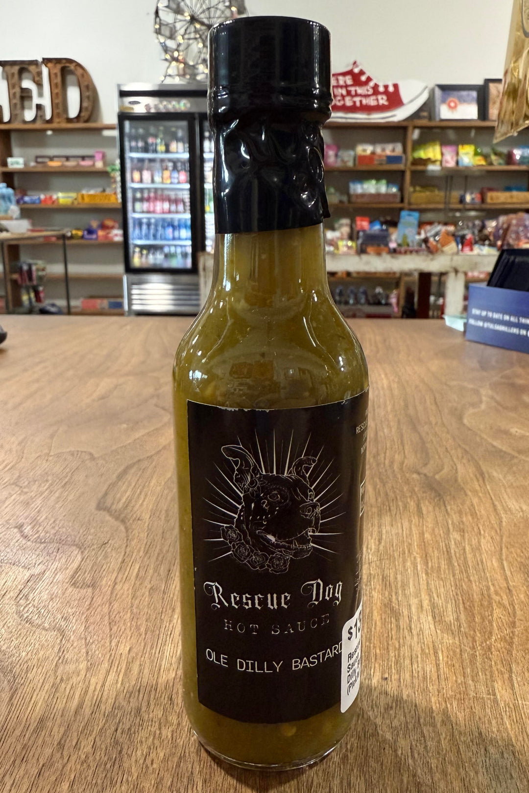 Small batch dill pickle hot sauce called Ole Dilly Bastard from Oklahoma-based Rescue Dog Hot Sauce