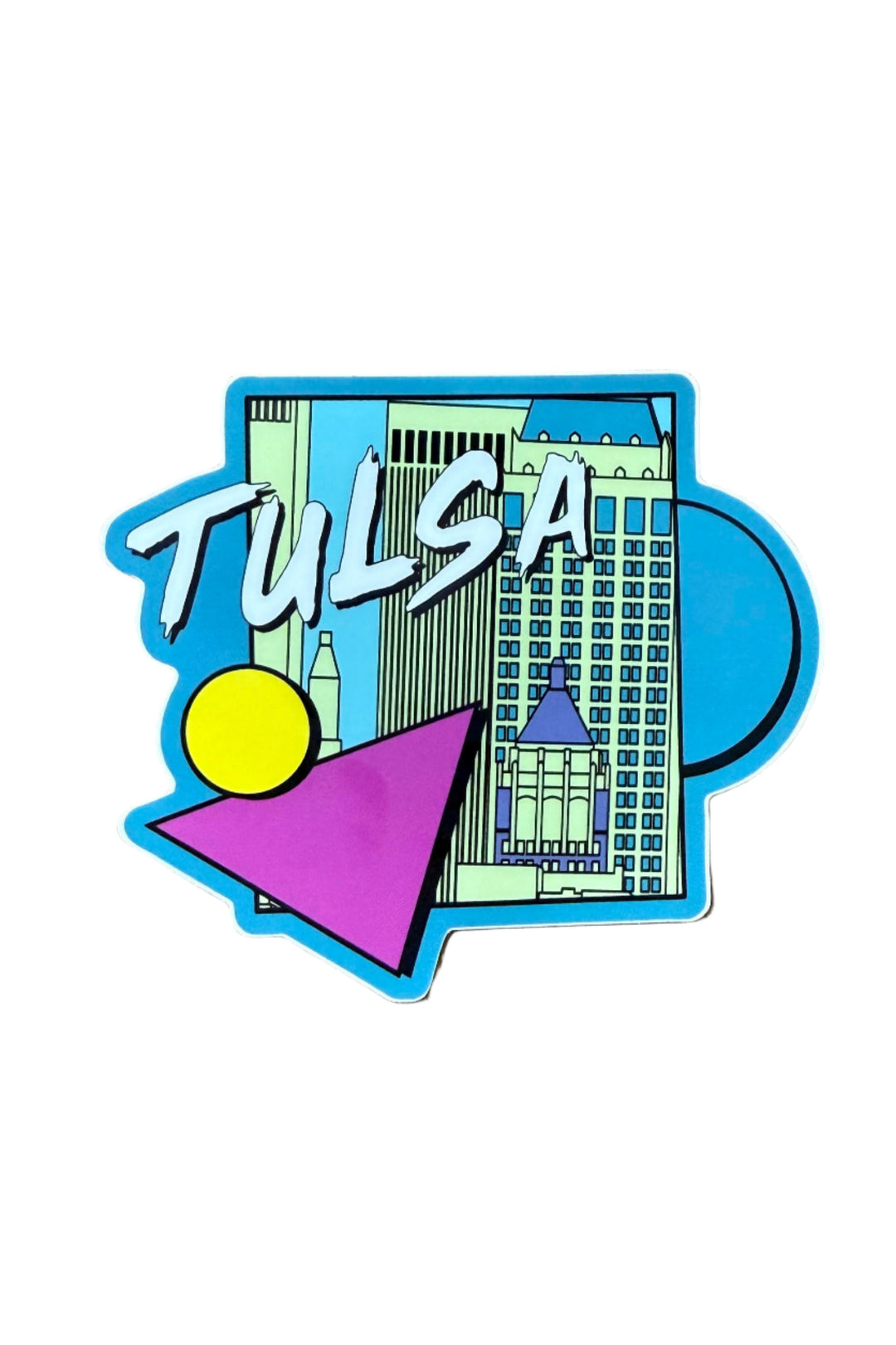 90s-style Tulsa skyline sticker with retro shapes and bold colors
