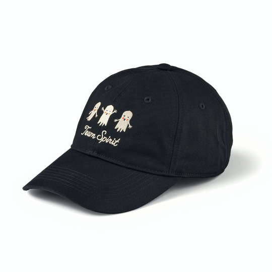 A black cotton baseball cap featuring embroidered cartoon ghosts and the text 'Team Spirit' on the front, displayed on a clean white background.