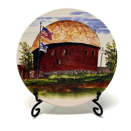 Coaster featuring the historic Round Barn in Arcadia, Oklahoma — a Route 66 roadside icon