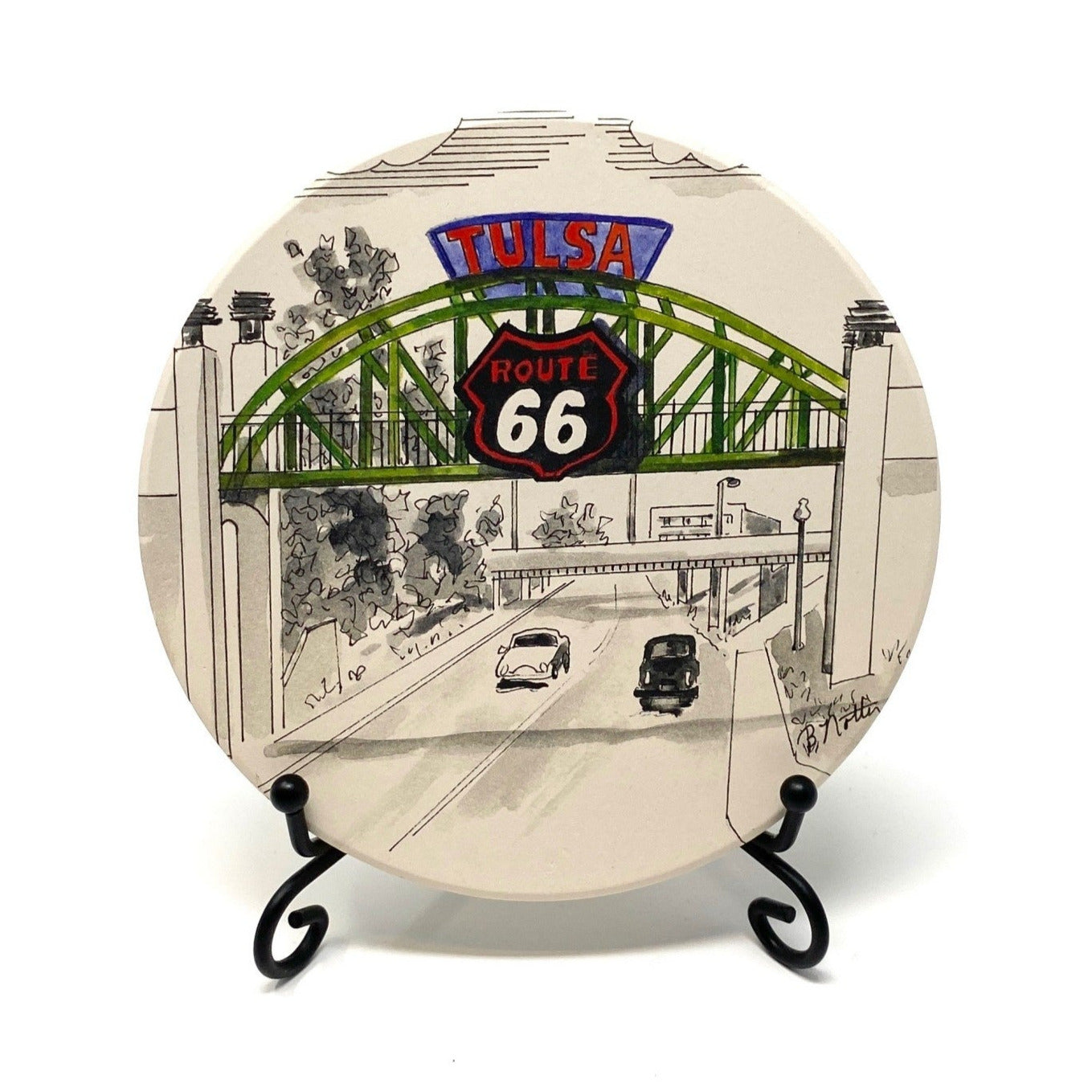 Full-color hand-drawn Waterstone coaster featuring the Route 66 bridge at 11th and Riverside in Tulsa, Oklahoma