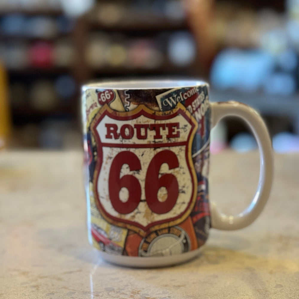Vintage-style Route 66 mug with distressed collage of posters and large Route 66 shield