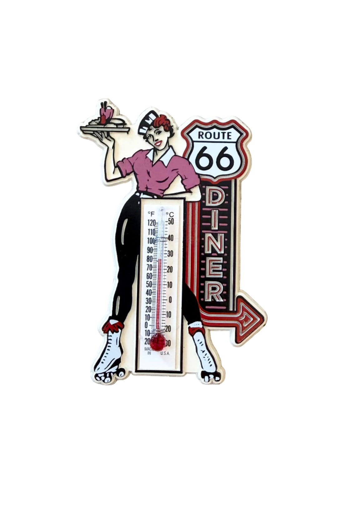 Retro Route 66 diner magnet with roller-skating waitress, neon sign design, and working thermometer