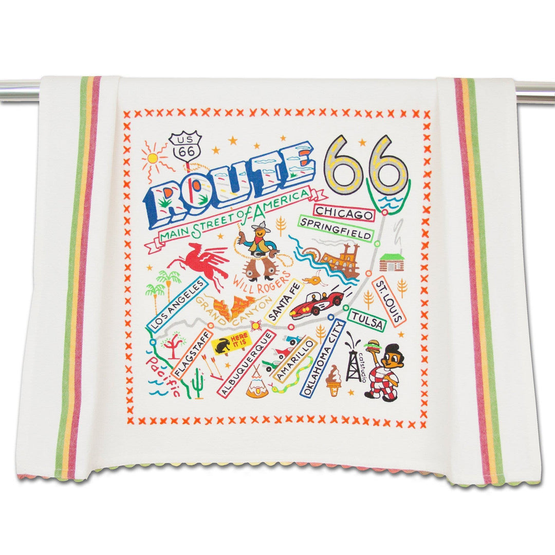 Embroidered Catstudio Route 66 hand towel featuring colorful design of iconic U.S. highway