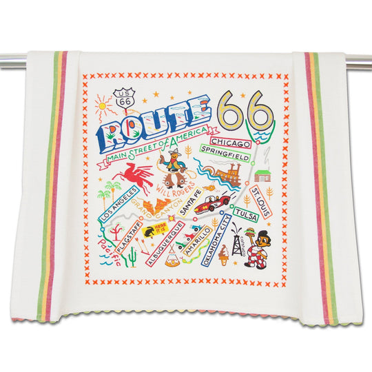 Embroidered Catstudio Route 66 hand towel featuring colorful design of iconic U.S. highway