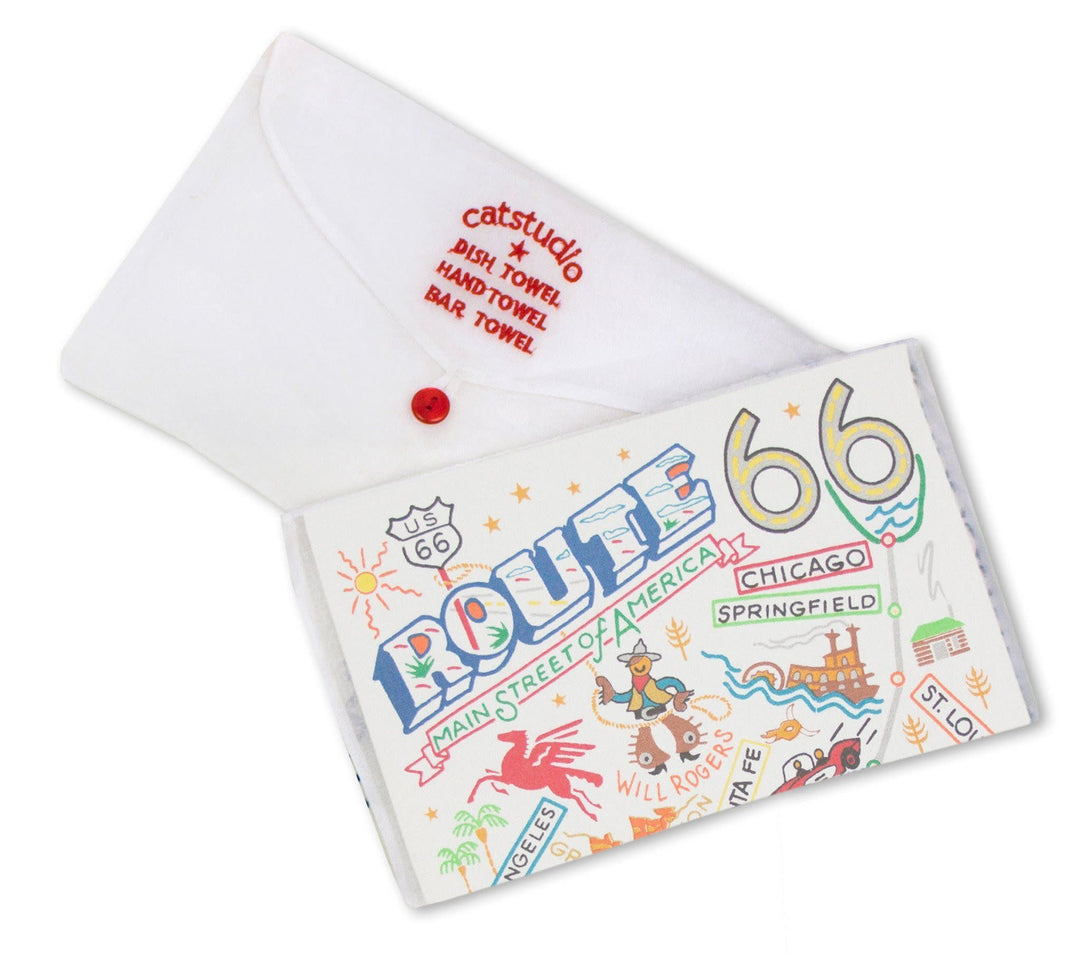 Decorative kitchen towel by Catstudio with embroidered Route 66 landmarks and retro design
