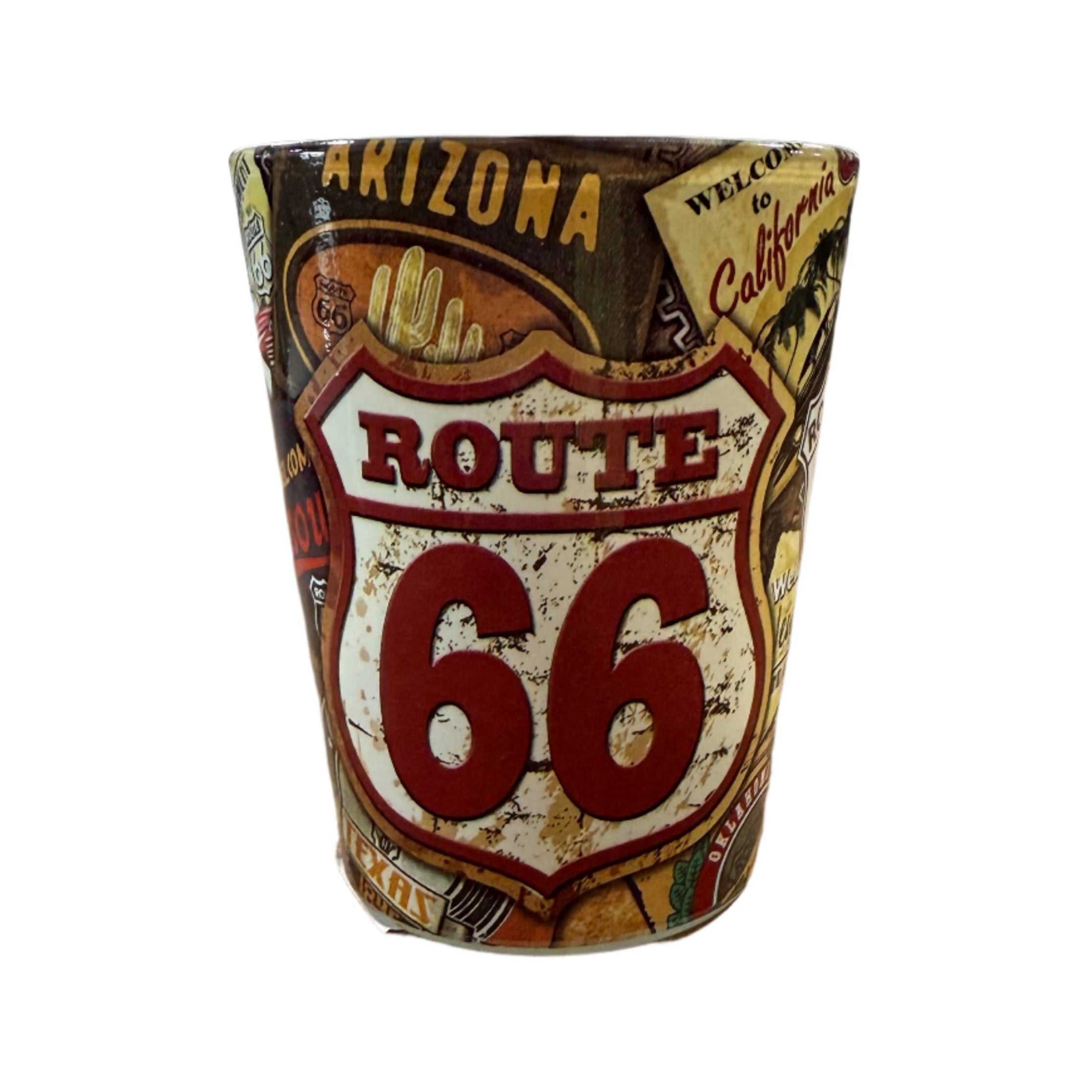 Route 66 distressed poster shot glass with bold highway shield and retro state signs in the background