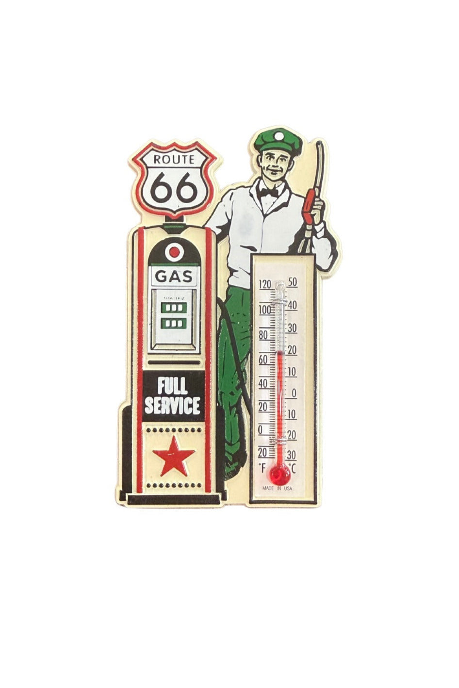 Route 66 magnet featuring retro gas station pump, service attendant, and working thermometer