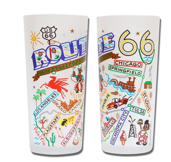 Retro-style Route 66 glass by Catstudio featuring detailed illustrations of famous road trip destinations