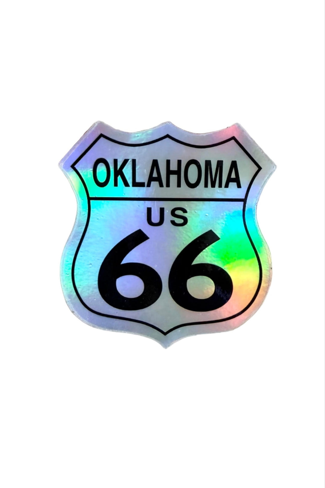 3-inch holographic Route 66 sticker with shimmering finish – retro collectible road sign decal