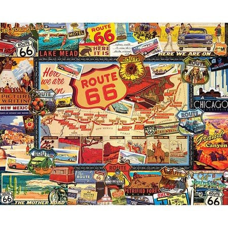 1000-piece Route 66 jigsaw puzzle featuring nostalgic artwork of classic roadside stops
