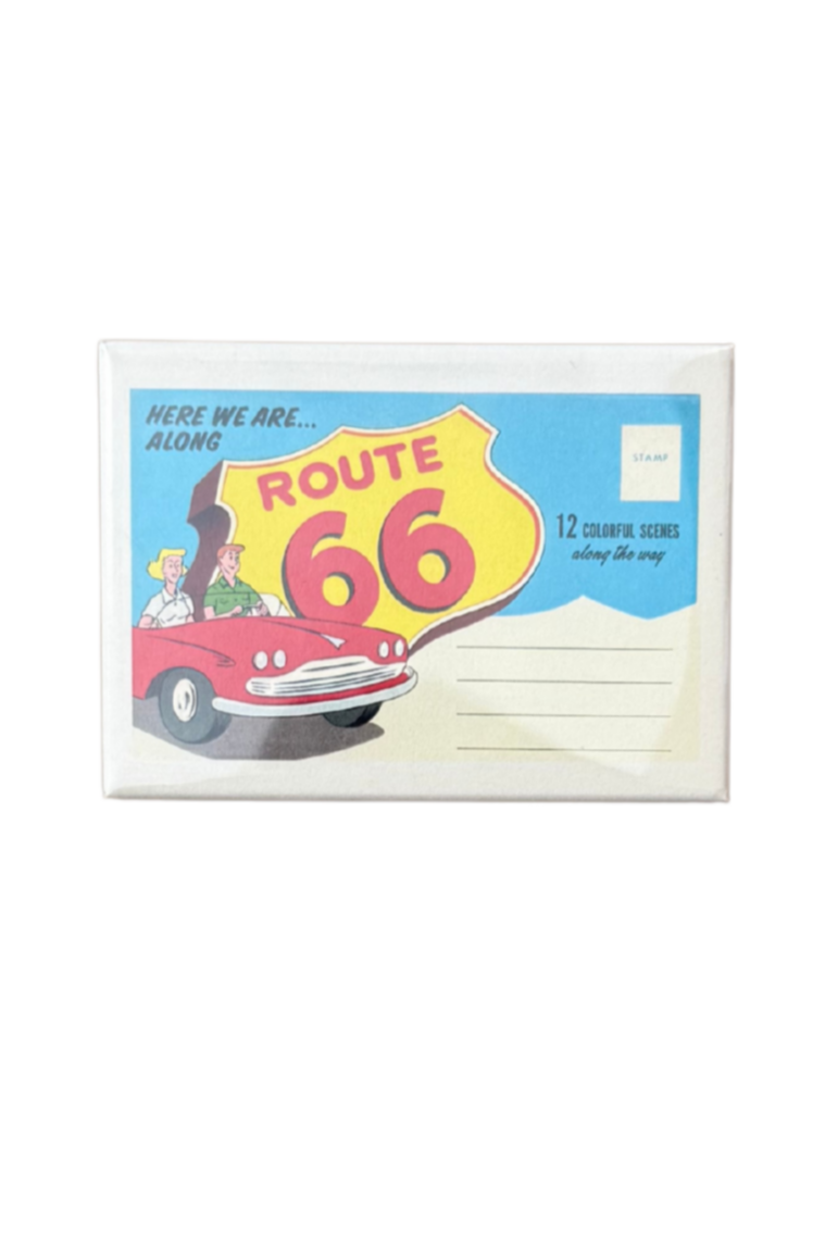 Retro postcard-style magnet with animated couple in a red car and Route 66 highway shield