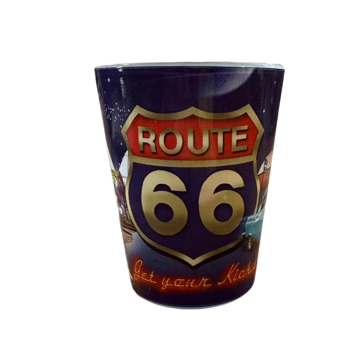 Route 66 retro shot glass with red, white, and blue road sign and "Get Your Kicks" text – classic souvenir