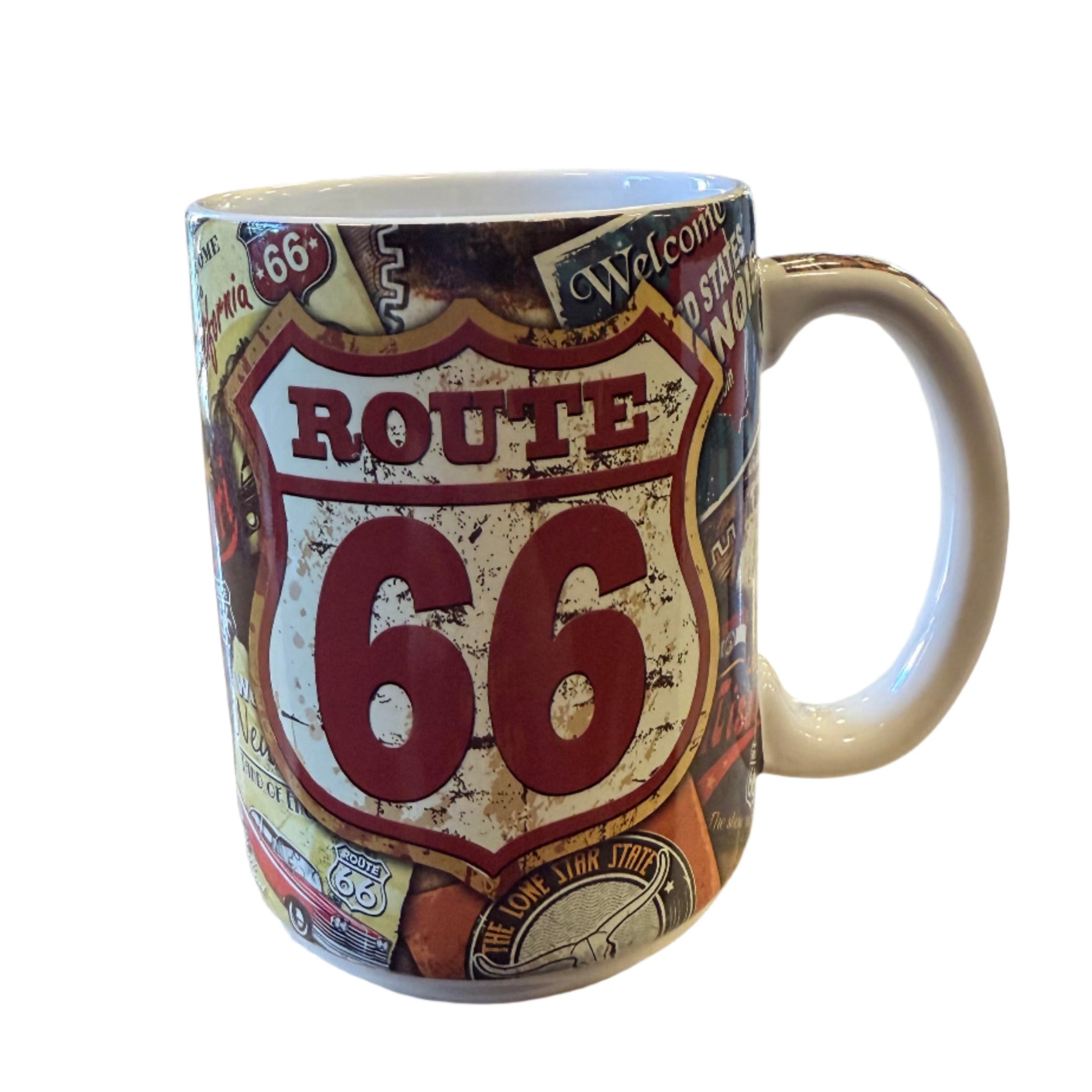 Route 66-themed ceramic mug featuring a distressed poster collage and Route 66 emblem