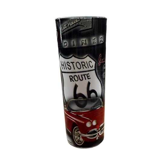 Route 66 shooter glass with red muscle car and black-and-white road sign, a nostalgic Oklahoma souvenir