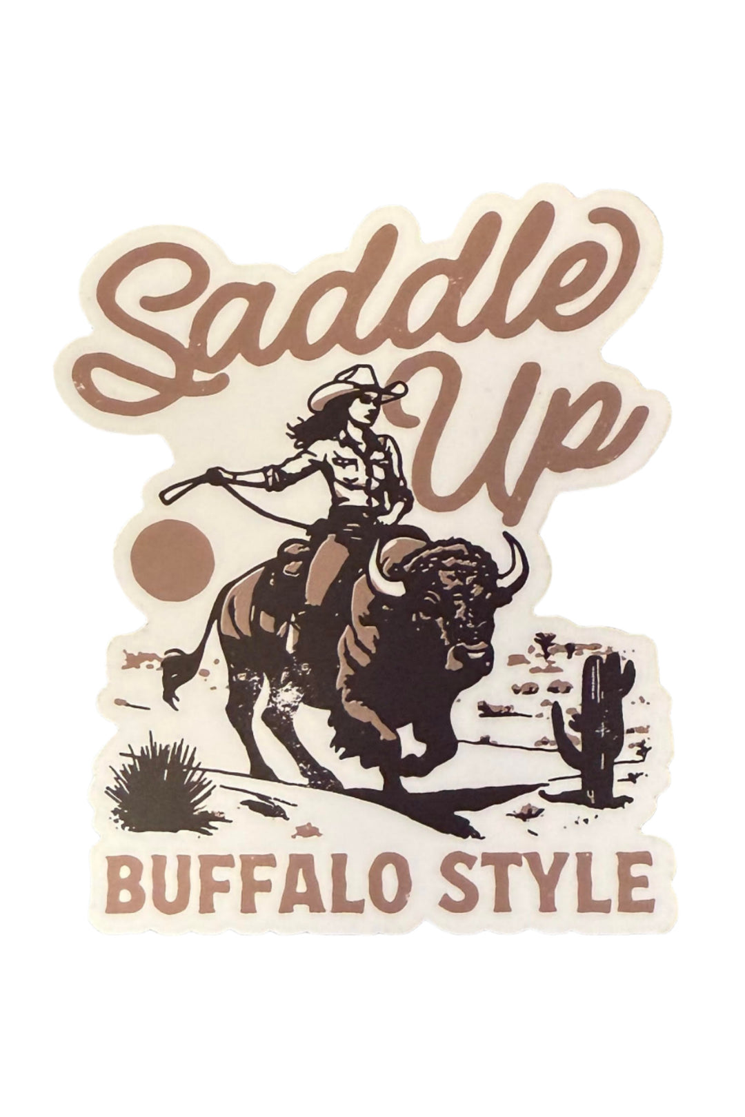 Sticker of a retro cowgirl riding a buffalo with the words “Saddle Up Buffalo Style”