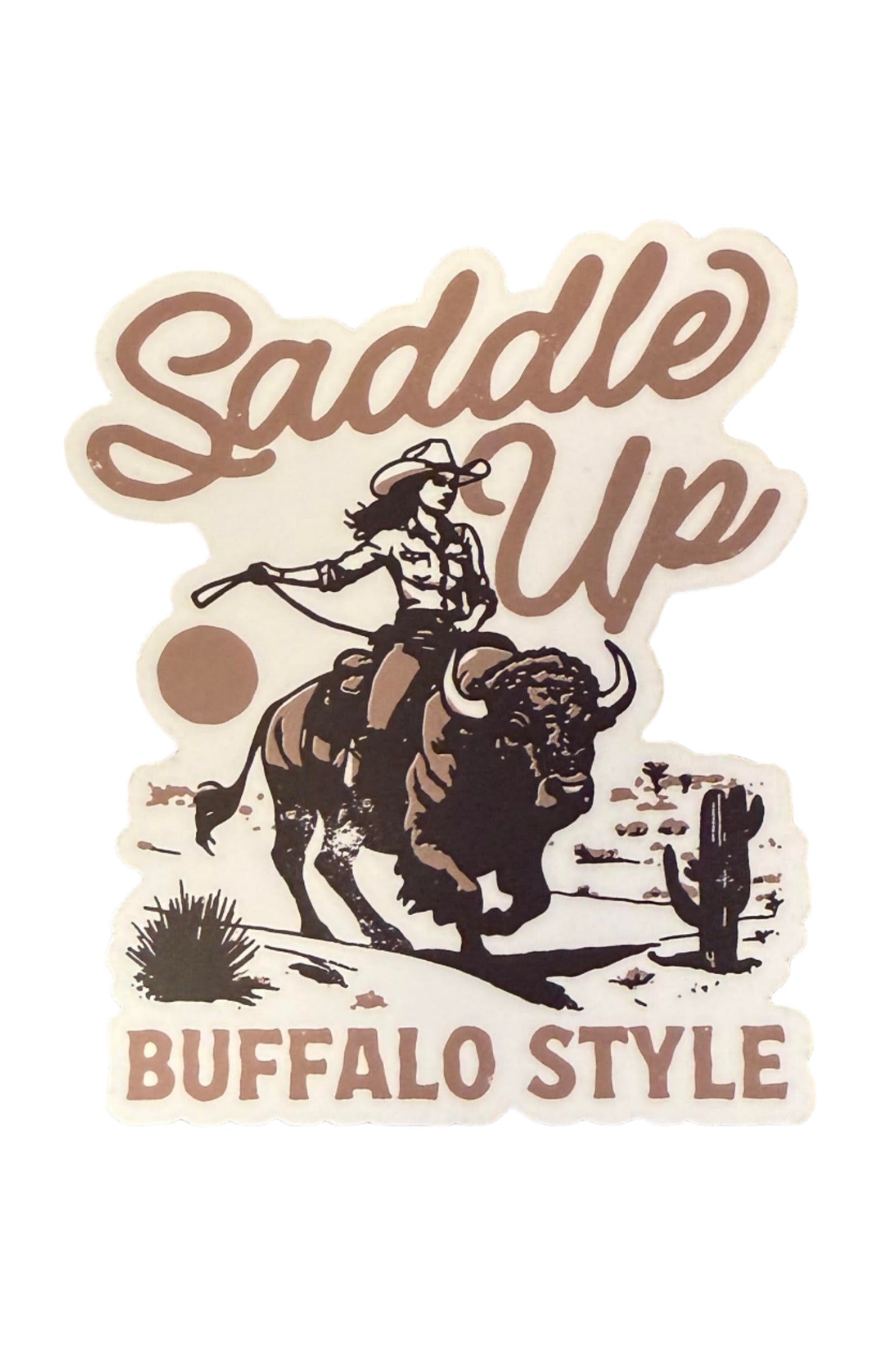 Sticker of a retro cowgirl riding a buffalo with the words “Saddle Up Buffalo Style”