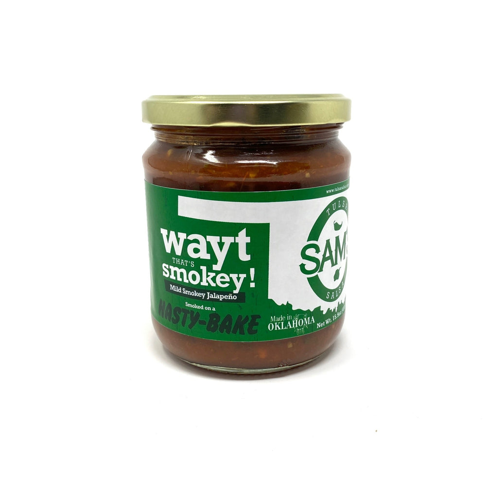 Jar of Sam’s Tulsa Salsa Smokey Mild, Oklahoma-made salsa with smoky flavor and gentle heat