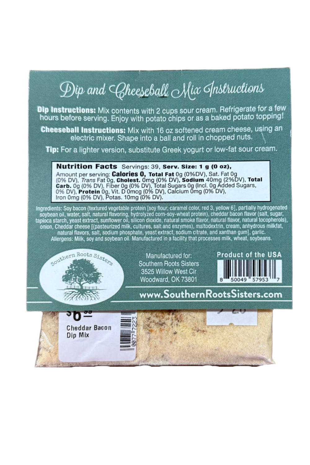 Cheddar and bacon dip mix made in Oklahoma by Southern Roots Sisters — perfect for parties and snacks