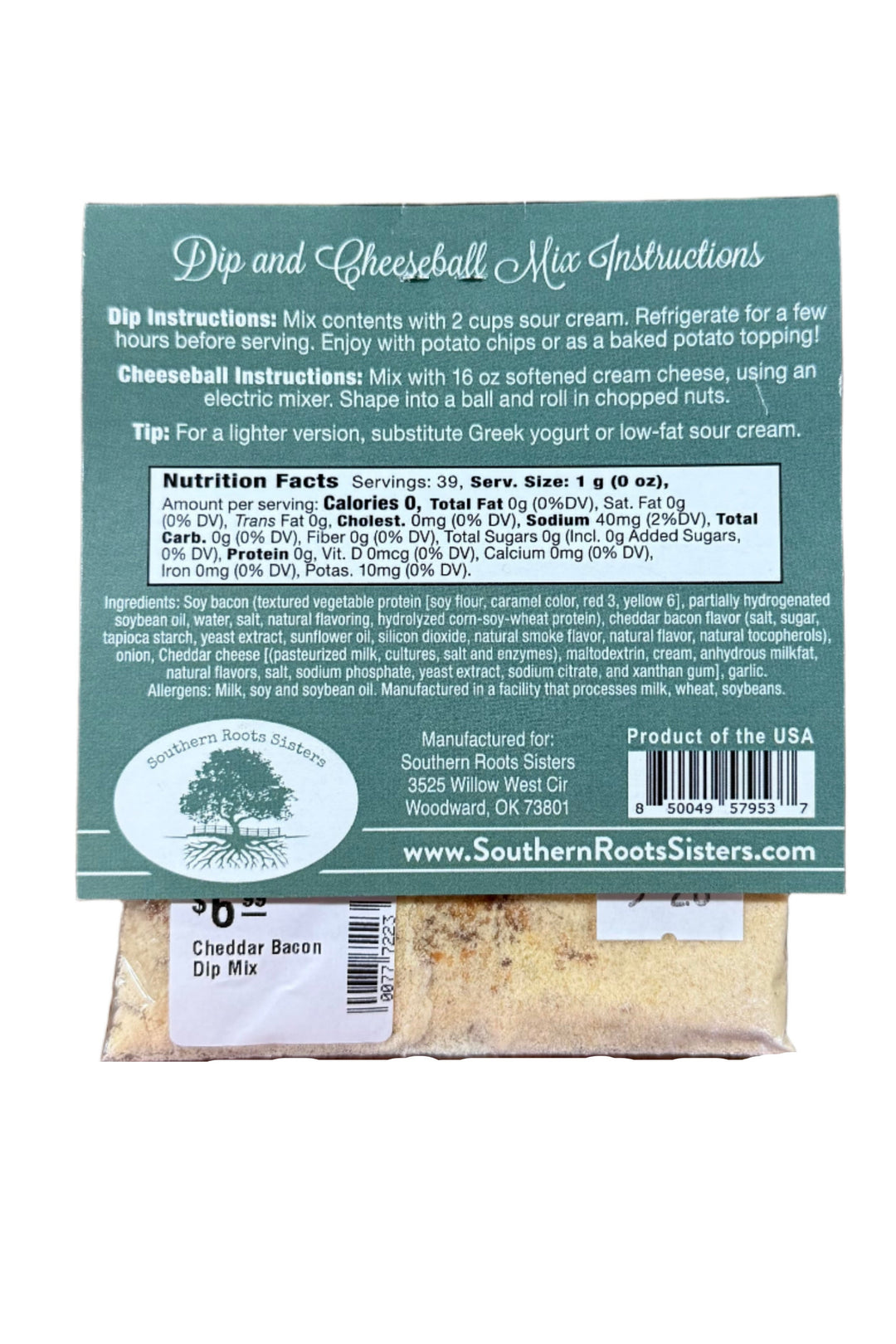 Cheddar and bacon dip mix made in Oklahoma by Southern Roots Sisters — perfect for parties and snacks