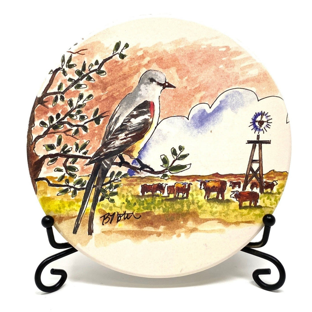 Coaster featuring the Scissortail Flycatcher, Oklahoma’s state bird, in mid-flight with long tail feathers