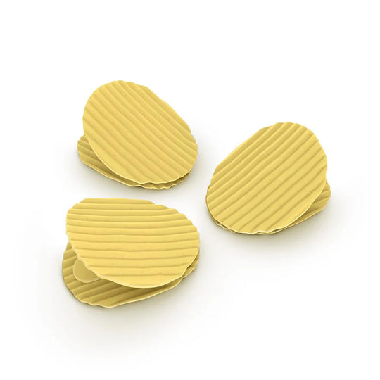 Set of four potato chip-shaped bags or pouches designed to look like real snack packaging