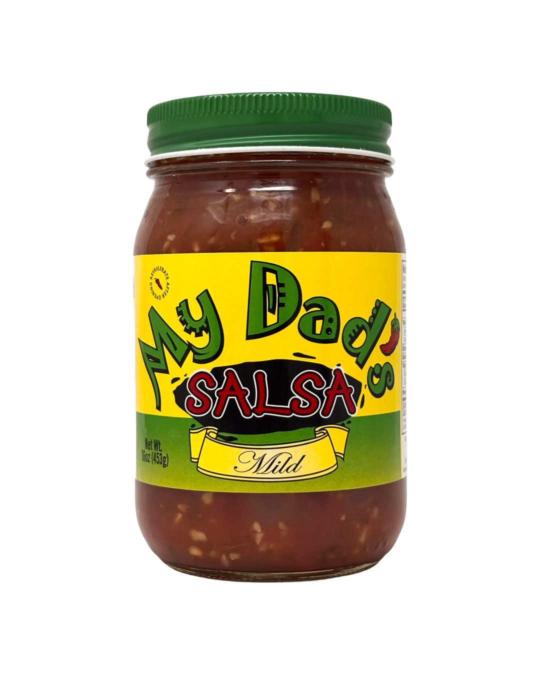16oz jar of My Dad’s Salsa Mild, perfect for dipping chips or topping tacos