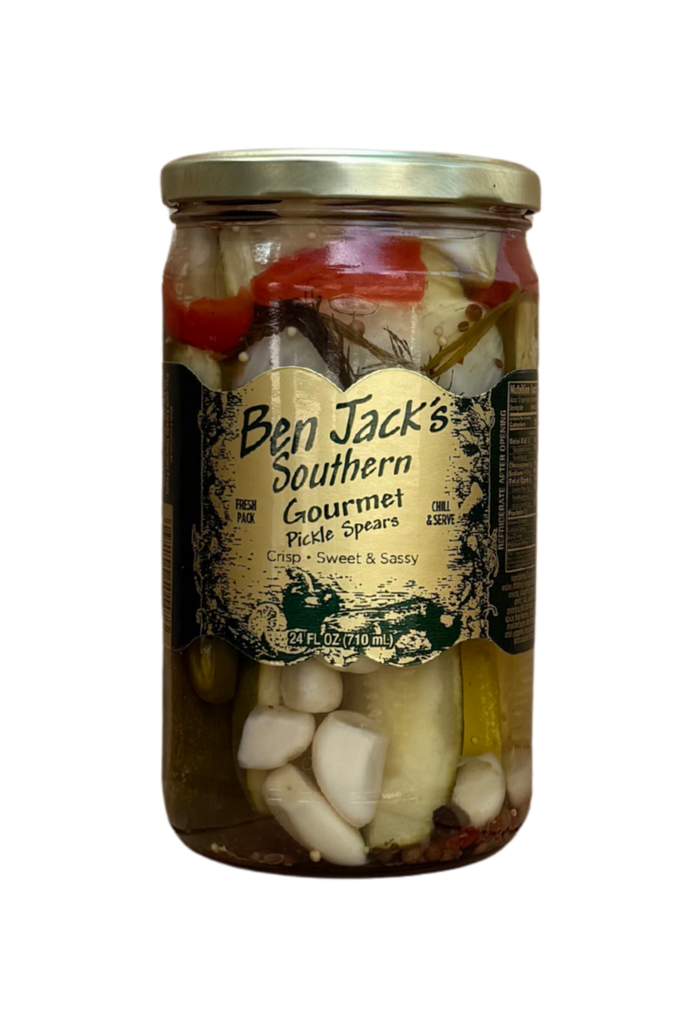 24oz jar of Southern Gourmet Pickle Spears by Ben Jack Laredo’s, crunchy and tangy pickles