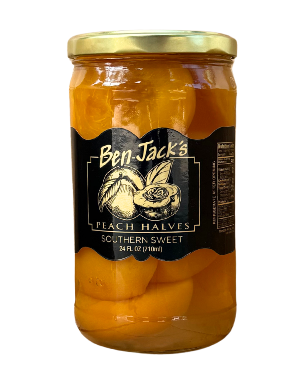 24oz jar of Southern Sweet Peach Halves by Ben Jack’s, juicy golden peaches in syrup