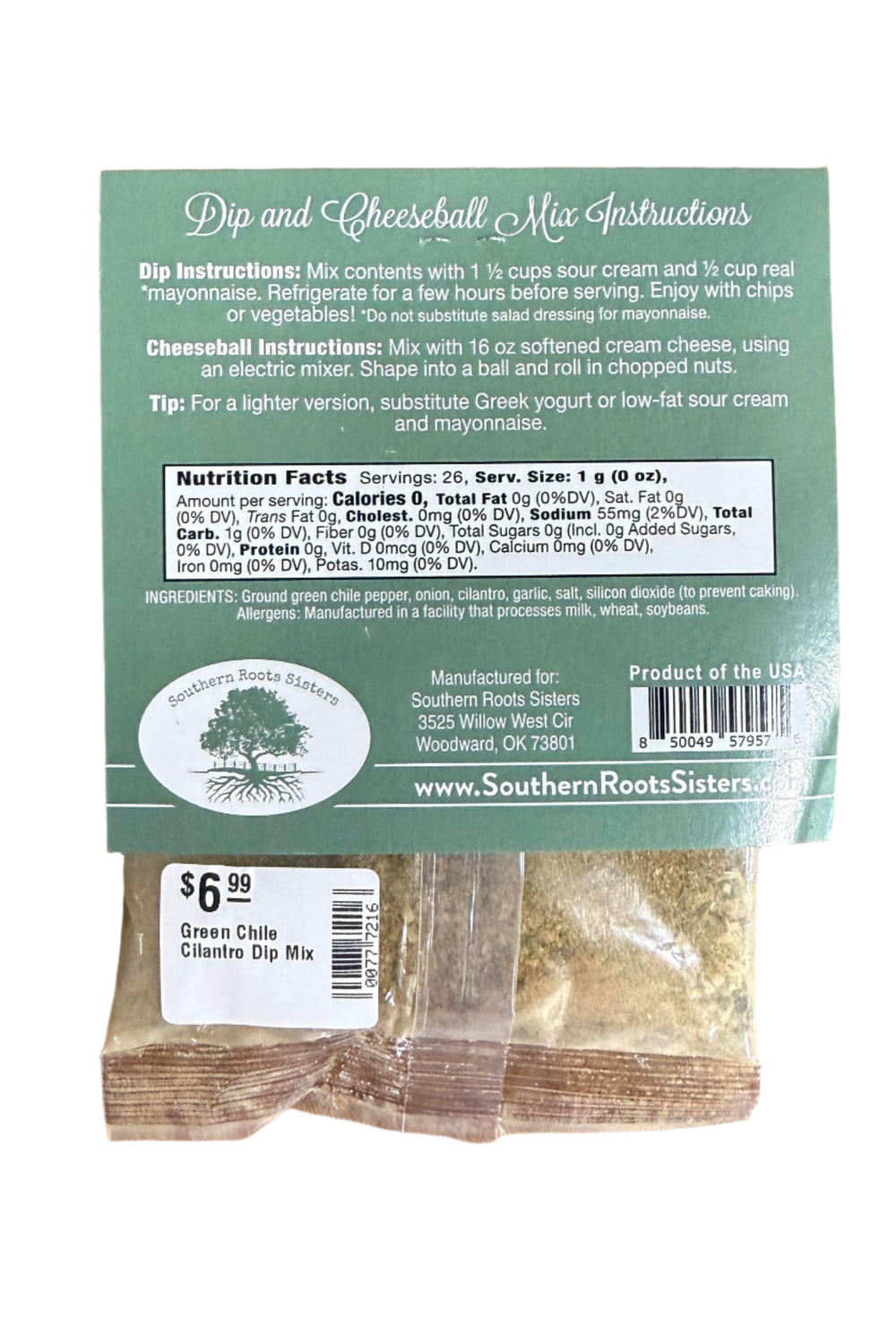 Zesty dip and cheeseball mix with green chile and cilantro flavors from Oklahoma