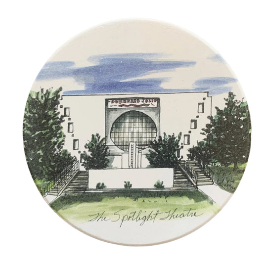 Coaster featuring Tulsa’s Spotlight Theater with Art Deco design, home of the long-running Drunkard play