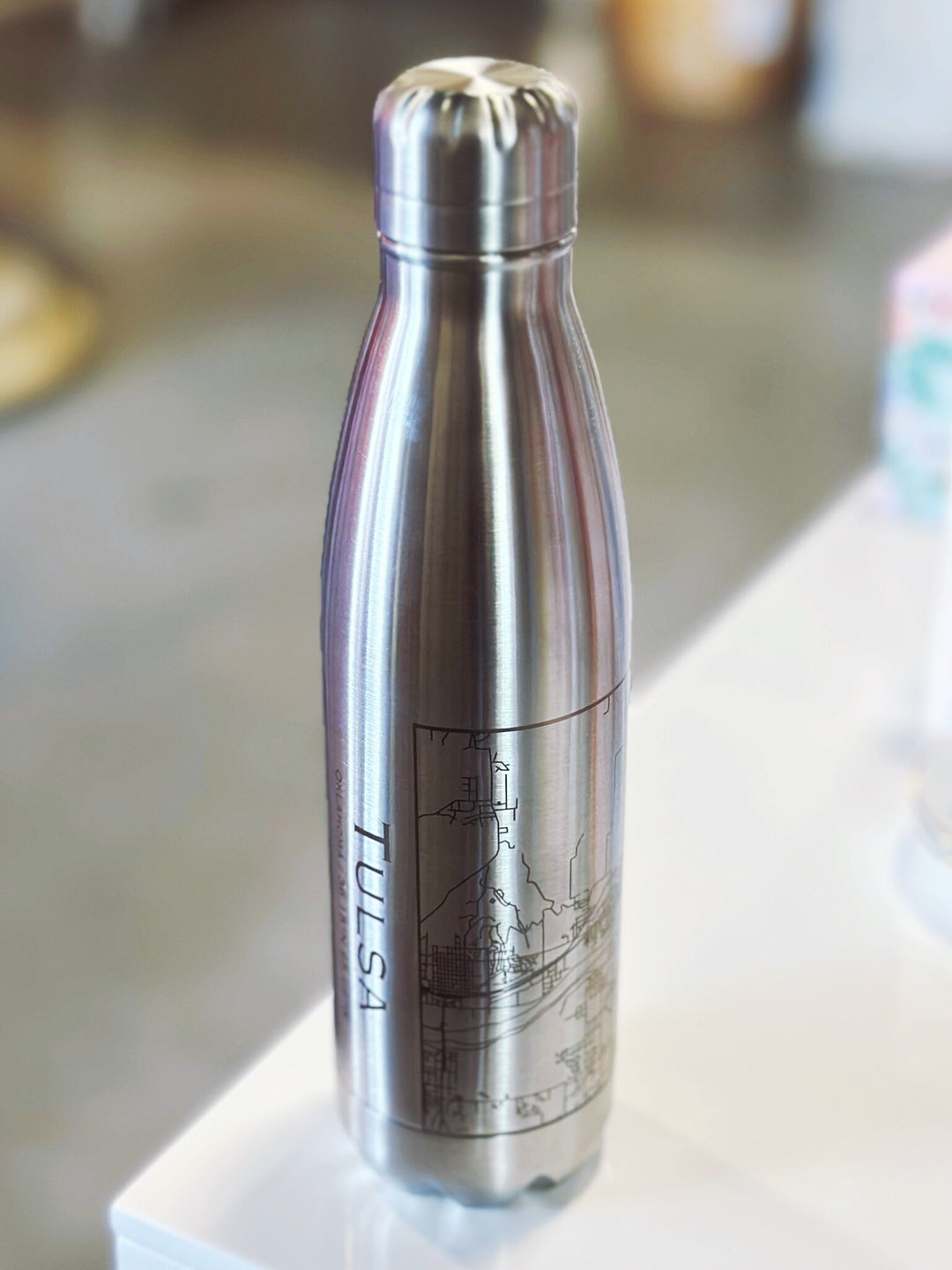 Stainless steel water bottle featuring a detailed map of Tulsa – perfect Oklahoma souvenir