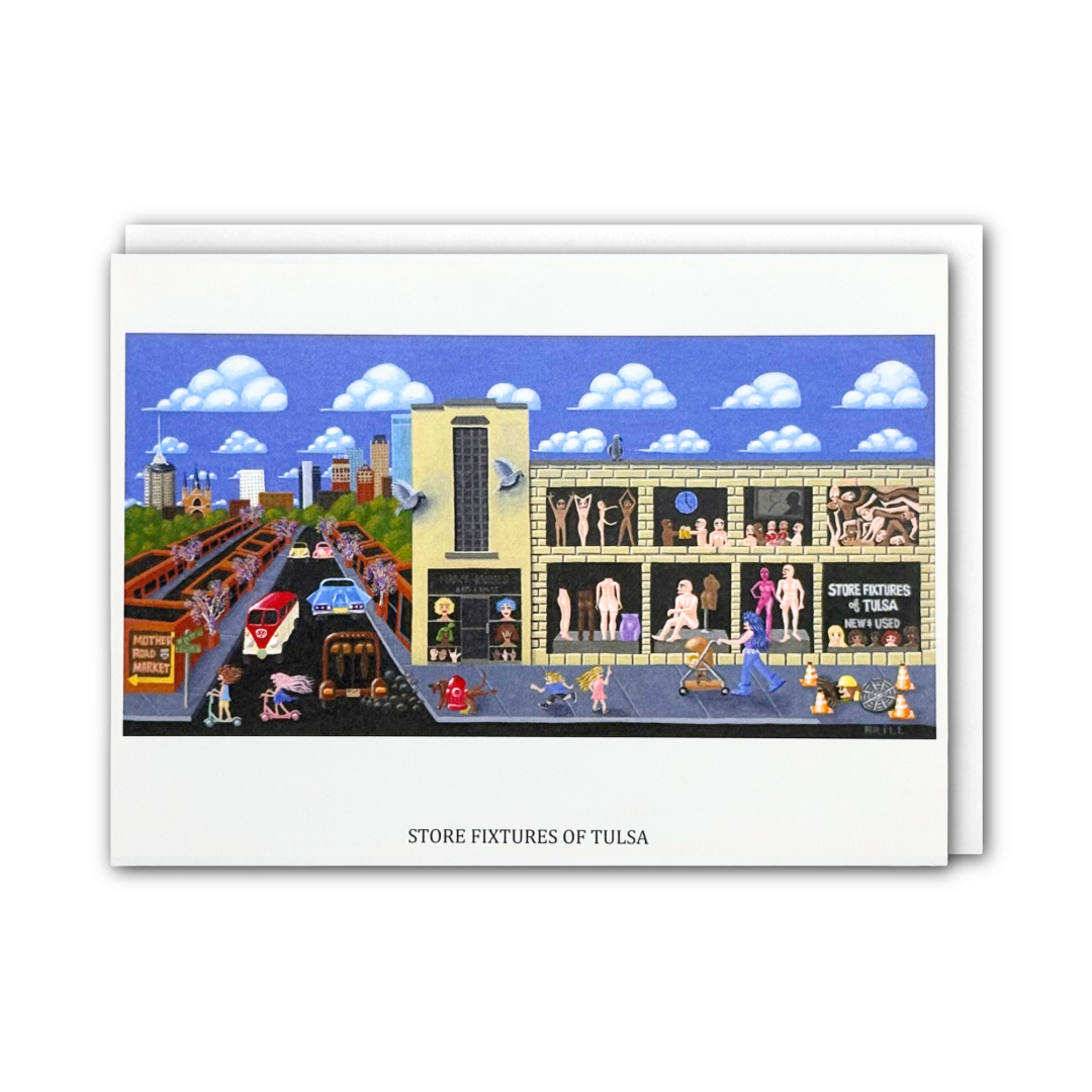 A card depicting artwork of a busy shopping area full of vintage cars and pedestrians. One building says 'STORE FIXTURES of TULSA' on the window, and in the window displays are mannequins in various poses.