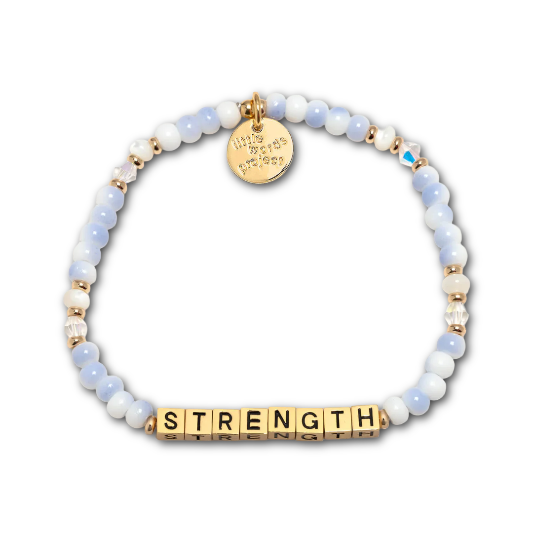 Bracelet with blue and white beads and gold letter beads spelling out "STRENGTH".