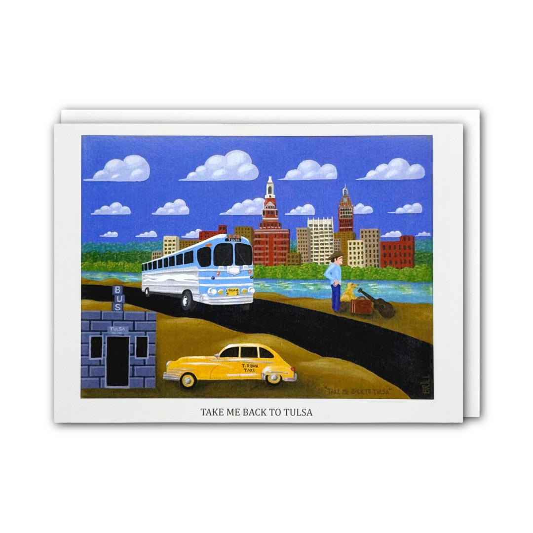 A greeting card featuring a colorful illustration of a city scene with a blue bus, yellow taxi, buildings, river, and a person standing by a suitcase. The card reads 'TAKE ME BACK TO TULSA' at the bottom and is shown against a plain white background.
