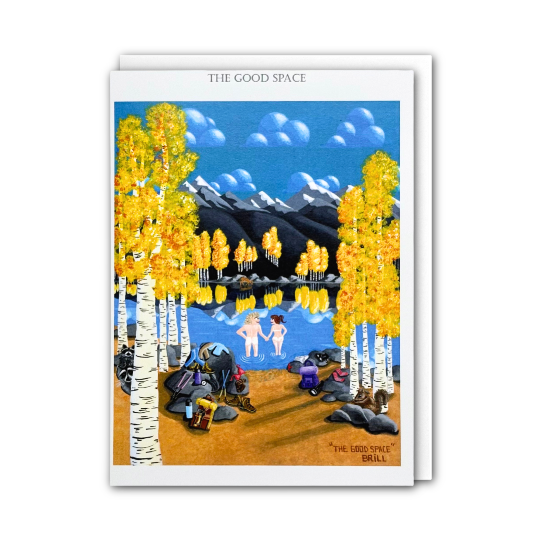 A greeting card with a white border featuring a colorful illustration of a lakeside scene with birch trees, mountains, and people by the water. 