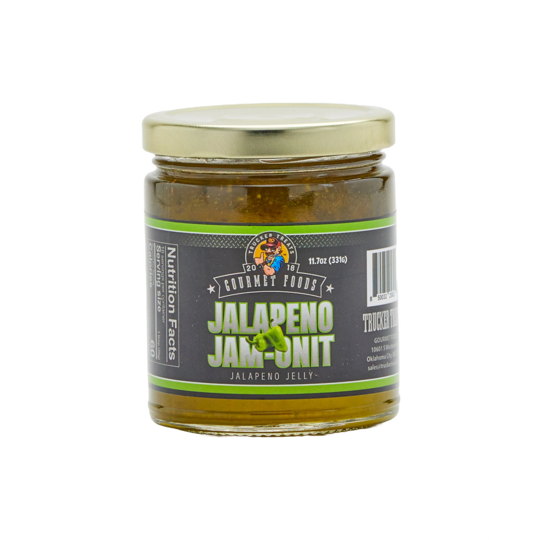 11.7oz jar of Trucker Treats Jalapeño Jam-Onit, spicy-sweet Oklahoma-made jalapeño jelly