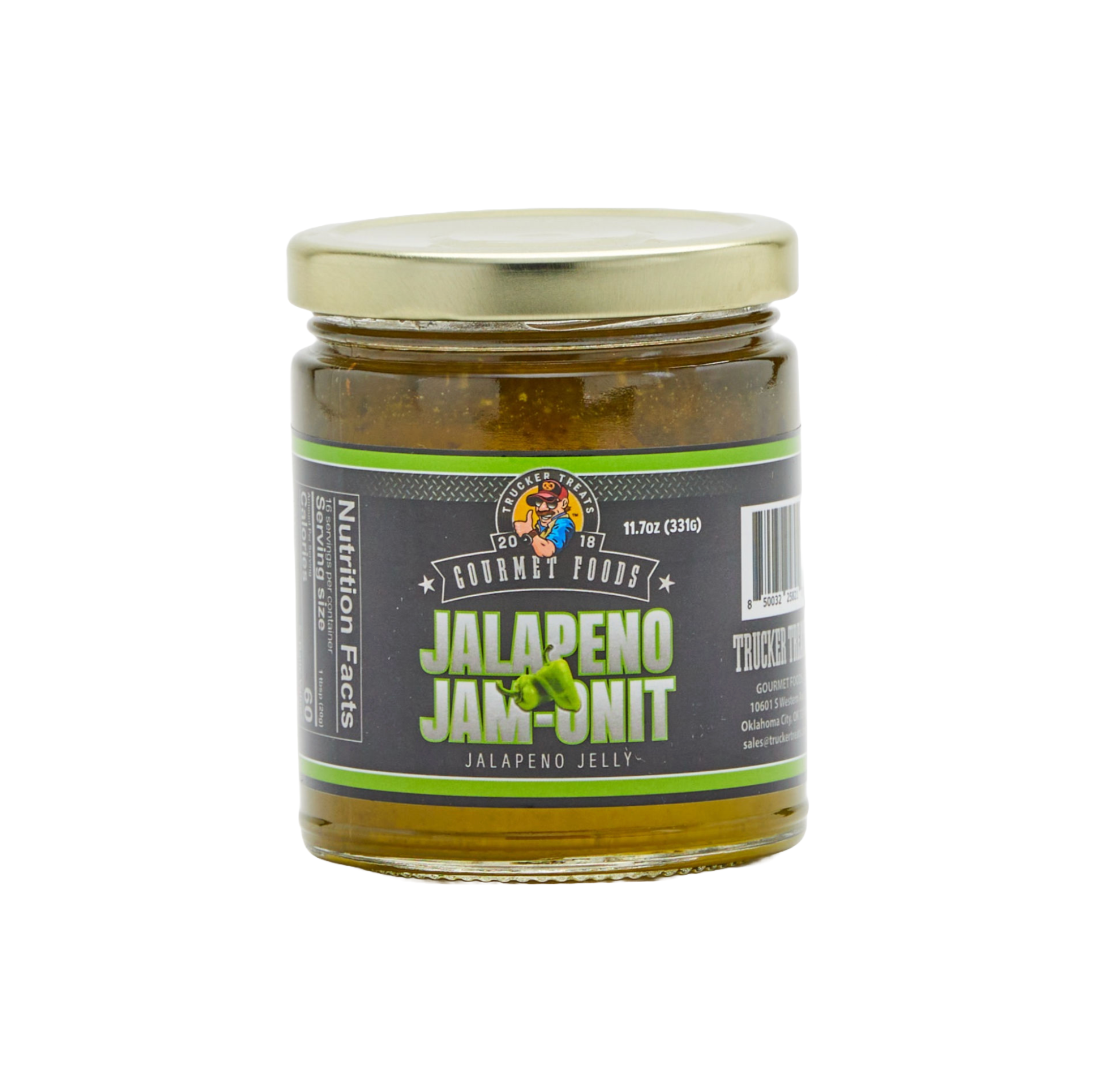 11.7oz jar of Trucker Treats Jalapeño Jam-Onit, spicy-sweet Oklahoma-made jalapeño jelly