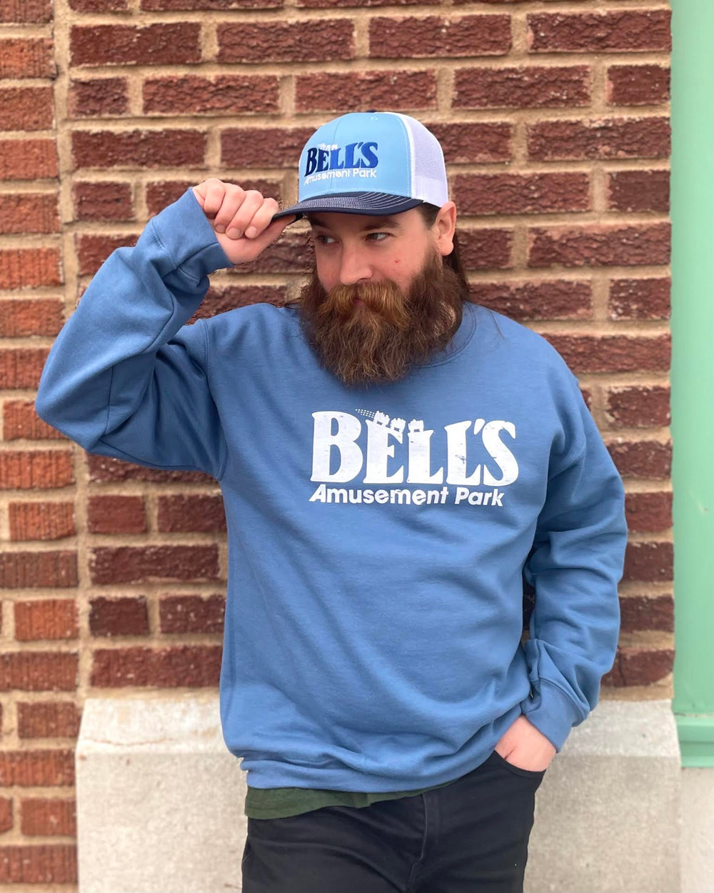 Cozy blue pullover with classic Bell’s Amusement Park design, Tulsa nostalgia gift