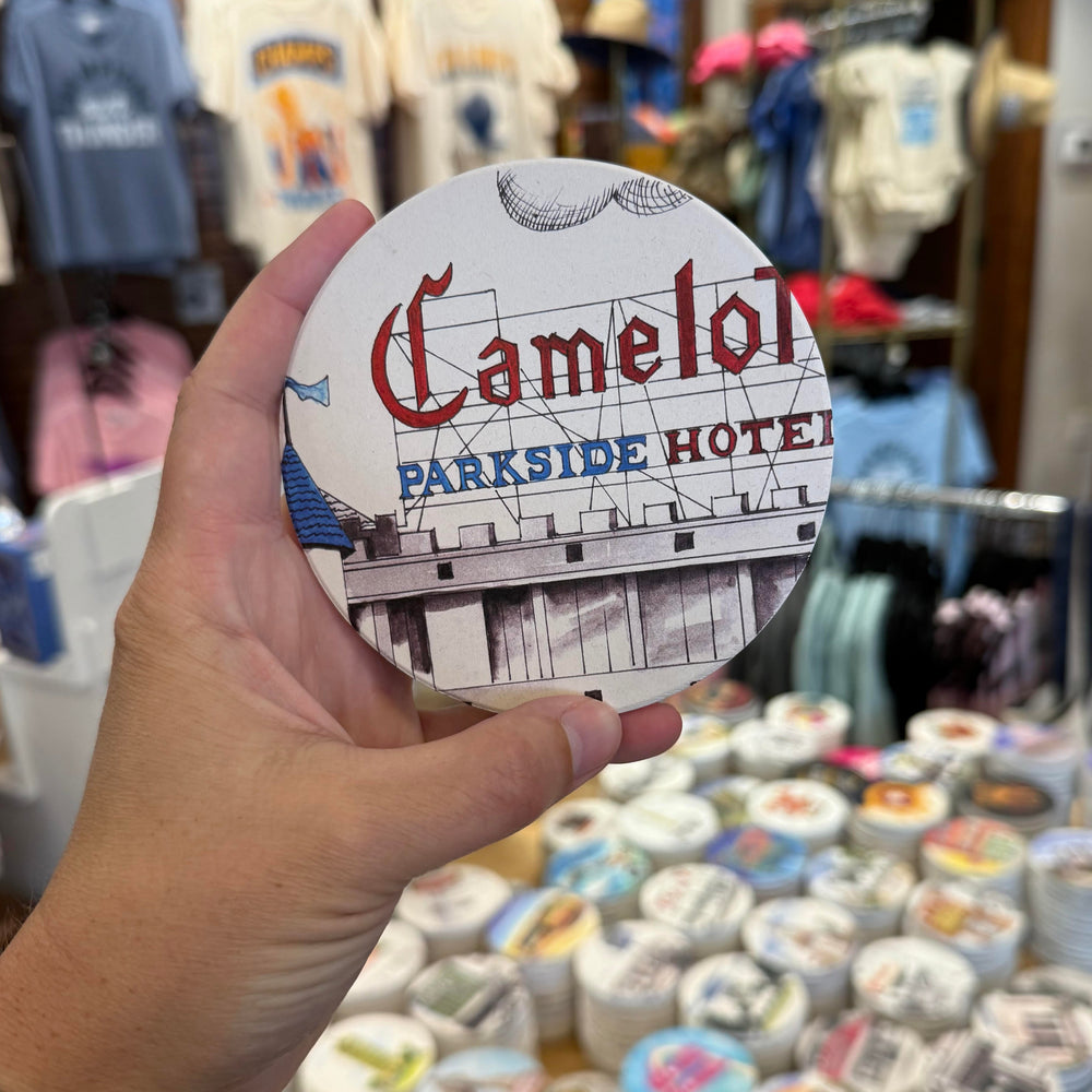 Vintage-style coaster honoring the Camelot Hotel in Tulsa, Oklahoma with colorful retro artwork