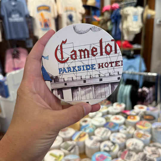 Vintage-style coaster honoring the Camelot Hotel in Tulsa, Oklahoma with colorful retro artwork